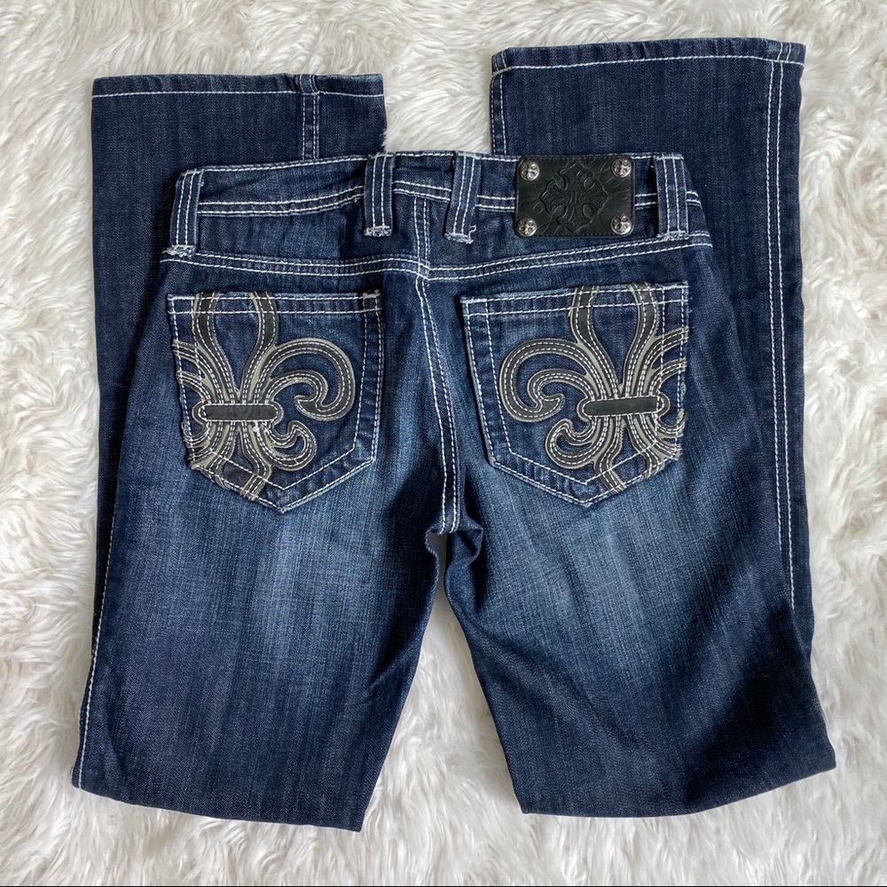 Miss Me Leather Fleur de Lis Bootcut Jeans sz27